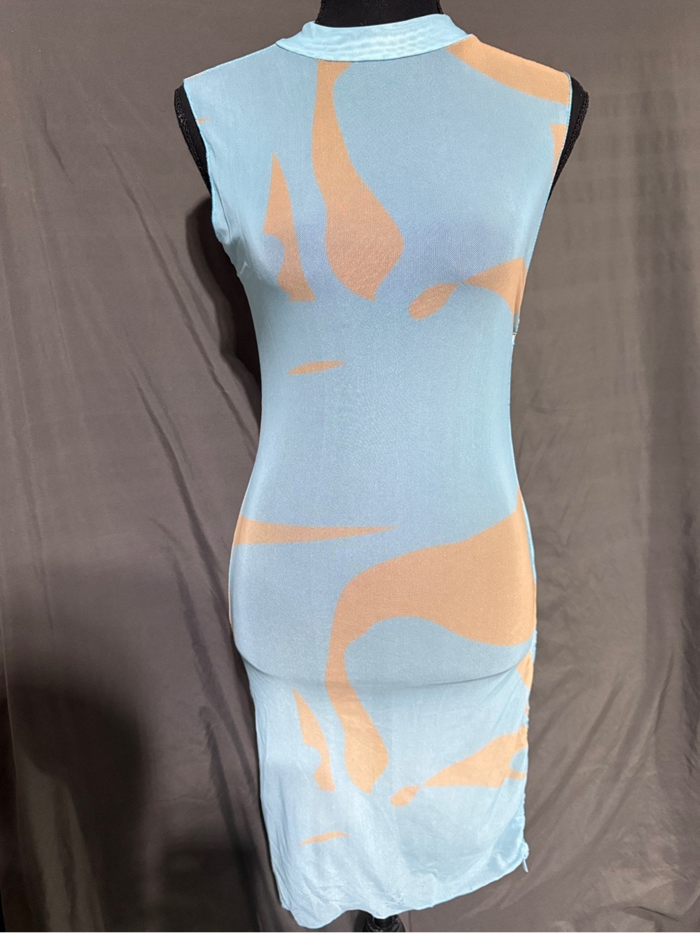 Light Blue & Beige Abstract Sleeveless Dress